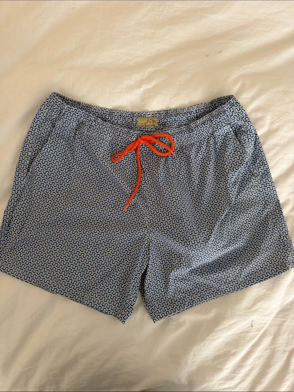 J. Crew Men's Navy Blue and White Geometric Swim Shorts with Orange Drawstring
